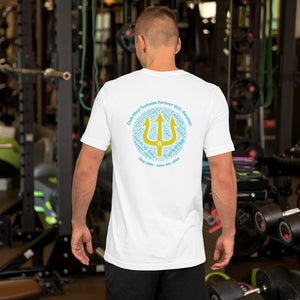 Unisex T-shirt -  Front and back print- Reunion 2022 Forever GO - White with Turkoise & Gold Trident ( A portion of the sale will go towards the Forever GO Charity)