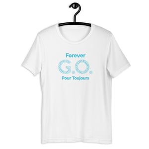 Unisex T-shirt -  Front and back print- Reunion 2022 Forever GO - White with Turkoise & Gold Trident ( A portion of the sale will go towards the Forever GO Charity)
