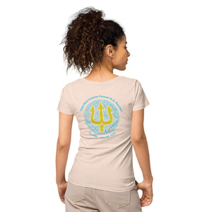 Women’s basic organic t-shirt - Women’s Tapered Crew neck t-shirt- Reunion 2022 Forever GO, Front and back print -White with Turkoise - Gold Trident ( A portion of the sale will go towards the Forever GO Charity)