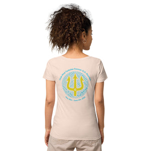 Women’s basic organic t-shirt - Women’s Tapered Crew neck t-shirt- Reunion 2022 Forever GO, Front and back print -White with Turkoise - Gold Trident ( A portion of the sale will go towards the Forever GO Charity)