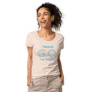 Women’s basic organic t-shirt - Women’s Tapered Crew neck t-shirt- Reunion 2022 Forever GO, Front and back print -White with Turkoise - Gold Trident ( A portion of the sale will go towards the Forever GO Charity)