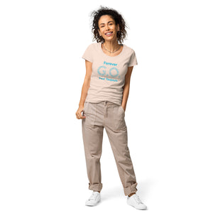 Women’s basic organic t-shirt - Women’s Tapered Crew neck t-shirt- Reunion 2022 Forever GO, Front and back print -White with Turkoise - Gold Trident ( A portion of the sale will go towards the Forever GO Charity)