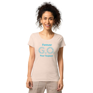 Women’s basic organic t-shirt - Women’s Tapered Crew neck t-shirt- Reunion 2022 Forever GO, Front and back print -White with Turkoise - Gold Trident ( A portion of the sale will go towards the Forever GO Charity)