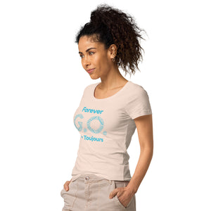 Women’s basic organic t-shirt - Women’s Tapered Crew neck t-shirt- Reunion 2022 Forever GO, Front and back print -White with Turkoise - Gold Trident ( A portion of the sale will go towards the Forever GO Charity)