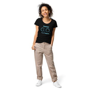 Women’s basic organic t-shirt - Women’s Tapered Crew neck t-shirt- Reunion 2022 Forever GO, Front and back print -White with Turkoise - Gold Trident ( A portion of the sale will go towards the Forever GO Charity)