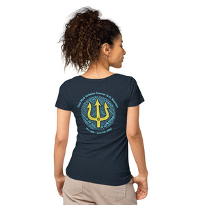 Women’s basic organic t-shirt - Women’s Tapered Crew neck t-shirt- Reunion 2022 Forever GO, Front and back print -White with Turkoise - Gold Trident ( A portion of the sale will go towards the Forever GO Charity)