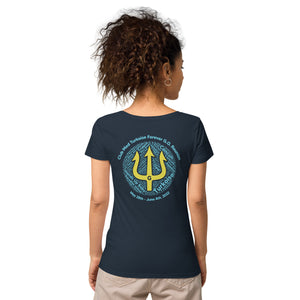 Women’s basic organic t-shirt - Women’s Tapered Crew neck t-shirt- Reunion 2022 Forever GO, Front and back print -White with Turkoise - Gold Trident ( A portion of the sale will go towards the Forever GO Charity)