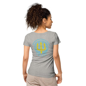 Women’s basic organic t-shirt - Women’s Tapered Crew neck t-shirt- Reunion 2022 Forever GO, Front and back print -White with Turkoise - Gold Trident ( A portion of the sale will go towards the Forever GO Charity)