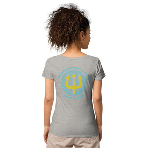 Women’s basic organic t-shirt - Women’s Tapered Crew neck t-shirt- Reunion 2022 Forever GO, Front and back print -White with Turkoise - Gold Trident ( A portion of the sale will go towards the Forever GO Charity)