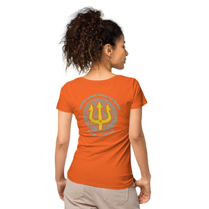Women’s basic organic t-shirt - Women’s Tapered Crew neck t-shirt- Reunion 2022 Forever GO, Front and back print -White with Turkoise - Gold Trident ( A portion of the sale will go towards the Forever GO Charity)