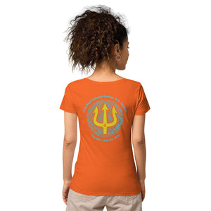 Women’s basic organic t-shirt - Women’s Tapered Crew neck t-shirt- Reunion 2022 Forever GO, Front and back print -White with Turkoise - Gold Trident ( A portion of the sale will go towards the Forever GO Charity)