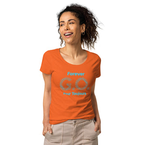 Women’s basic organic t-shirt - Women’s Tapered Crew neck t-shirt- Reunion 2022 Forever GO, Front and back print -White with Turkoise - Gold Trident ( A portion of the sale will go towards the Forever GO Charity)