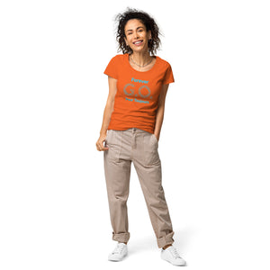 Women’s basic organic t-shirt - Women’s Tapered Crew neck t-shirt- Reunion 2022 Forever GO, Front and back print -White with Turkoise - Gold Trident ( A portion of the sale will go towards the Forever GO Charity)