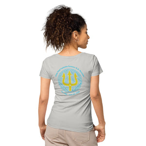 Women’s basic organic t-shirt - Women’s Tapered Crew neck t-shirt- Reunion 2022 Forever GO, Front and back print -White with Turkoise - Gold Trident ( A portion of the sale will go towards the Forever GO Charity)