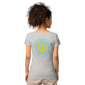 Women’s basic organic t-shirt - Women’s Tapered Crew neck t-shirt- Reunion 2022 Forever GO, Front and back print -White with Turkoise - Gold Trident ( A portion of the sale will go towards the Forever GO Charity)