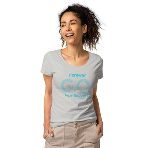 Women’s basic organic t-shirt - Women’s Tapered Crew neck t-shirt- Reunion 2022 Forever GO, Front and back print -White with Turkoise - Gold Trident ( A portion of the sale will go towards the Forever GO Charity)