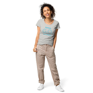 Women’s basic organic t-shirt - Women’s Tapered Crew neck t-shirt- Reunion 2022 Forever GO, Front and back print -White with Turkoise - Gold Trident ( A portion of the sale will go towards the Forever GO Charity)
