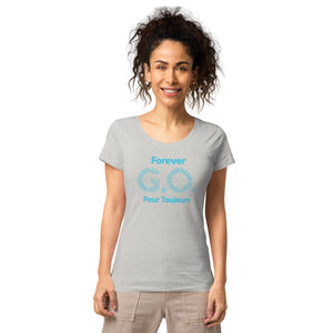 Women’s basic organic t-shirt - Women’s Tapered Crew neck t-shirt- Reunion 2022 Forever GO, Front and back print -White with Turkoise - Gold Trident ( A portion of the sale will go towards the Forever GO Charity)