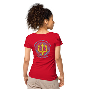 Women’s basic organic t-shirt - Women’s Tapered Crew neck t-shirt- Reunion 2022 Forever GO, Front and back print -White with Turkoise - Gold Trident ( A portion of the sale will go towards the Forever GO Charity)