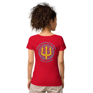 Women’s basic organic t-shirt - Women’s Tapered Crew neck t-shirt- Reunion 2022 Forever GO, Front and back print -White with Turkoise - Gold Trident ( A portion of the sale will go towards the Forever GO Charity)