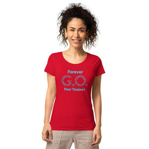 Women’s basic organic t-shirt - Women’s Tapered Crew neck t-shirt- Reunion 2022 Forever GO, Front and back print -White with Turkoise - Gold Trident ( A portion of the sale will go towards the Forever GO Charity)
