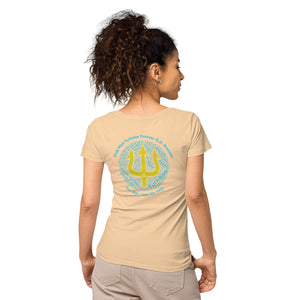 Women’s basic organic t-shirt - Women’s Tapered Crew neck t-shirt- Reunion 2022 Forever GO, Front and back print -White with Turkoise - Gold Trident ( A portion of the sale will go towards the Forever GO Charity)
