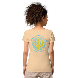 Women’s basic organic t-shirt - Women’s Tapered Crew neck t-shirt- Reunion 2022 Forever GO, Front and back print -White with Turkoise - Gold Trident ( A portion of the sale will go towards the Forever GO Charity)