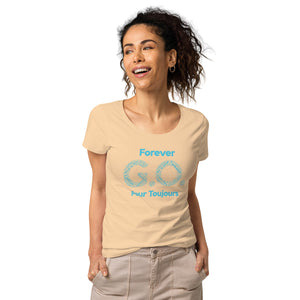 Women’s basic organic t-shirt - Women’s Tapered Crew neck t-shirt- Reunion 2022 Forever GO, Front and back print -White with Turkoise - Gold Trident ( A portion of the sale will go towards the Forever GO Charity)