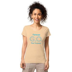 Women’s basic organic t-shirt - Women’s Tapered Crew neck t-shirt- Reunion 2022 Forever GO, Front and back print -White with Turkoise - Gold Trident ( A portion of the sale will go towards the Forever GO Charity)