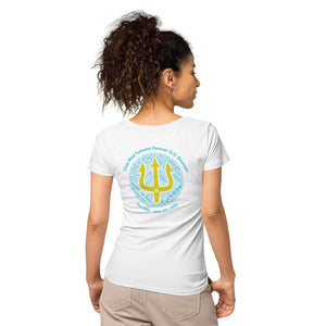 Women’s basic organic t-shirt - Women’s Tapered Crew neck t-shirt- Reunion 2022 Forever GO, Front and back print -White with Turkoise - Gold Trident ( A portion of the sale will go towards the Forever GO Charity)
