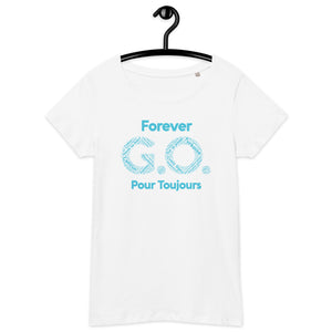 Women’s basic organic t-shirt - Women’s Tapered Crew neck t-shirt- Reunion 2022 Forever GO, Front and back print -White with Turkoise - Gold Trident ( A portion of the sale will go towards the Forever GO Charity)