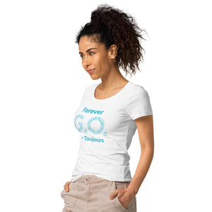 Women’s basic organic t-shirt - Women’s Tapered Crew neck t-shirt- Reunion 2022 Forever GO, Front and back print -White with Turkoise - Gold Trident ( A portion of the sale will go towards the Forever GO Charity)