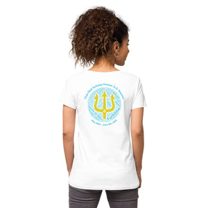 Women’s fitted v-neck t-shirt-  Reunion 2022 Forever GO, Front and back print -White with Turkoise  - Gold Trident ( A portion of the sale will go towards the Forever GO Charity)
