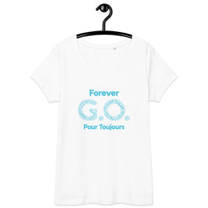 Women’s fitted v-neck t-shirt-  Reunion 2022 Forever GO, Front and back print -White with Turkoise  - Gold Trident ( A portion of the sale will go towards the Forever GO Charity)