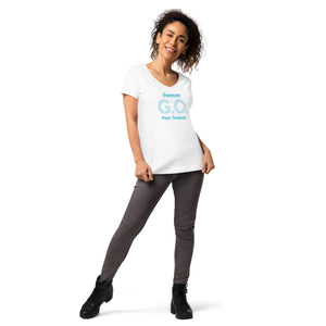 Women’s fitted v-neck t-shirt-  Reunion 2022 Forever GO, Front and back print -White with Turkoise  - Gold Trident ( A portion of the sale will go towards the Forever GO Charity)